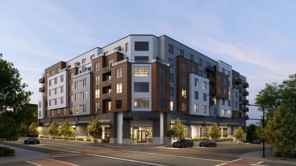 Exterior Street View of Aspire11 Apartments in Tacoma, Washington