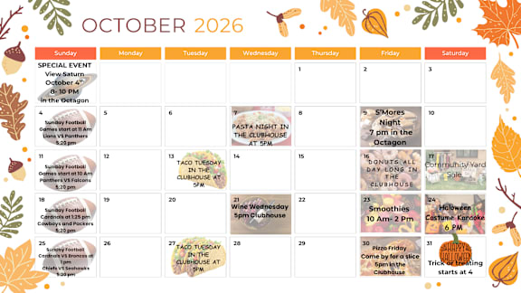 A calendar for May 2025 from Granite Mountain Apartments with events like Pasta, Wine Night, and Donut Days.