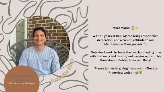 A man with a blue shirt is sitting in front of a circular frame with abstract designs, and there is text introducing him as Marco Mendoza-Cellestine, the Cellestine Maintenance Manager.