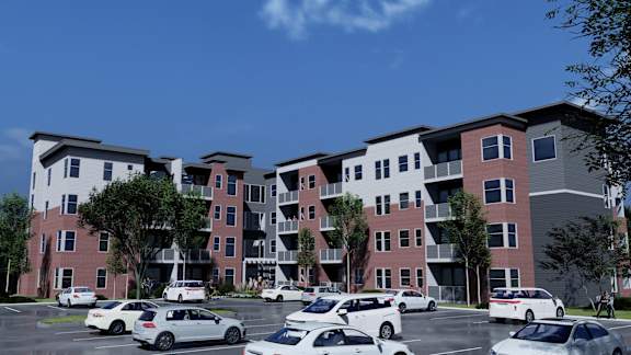 an architectural rendering of an apartment building with cars in a parking lot