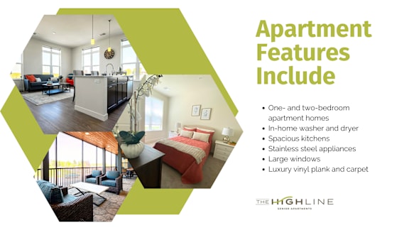 Apartment interior with a list of features including stainless steel appliances and large windows.