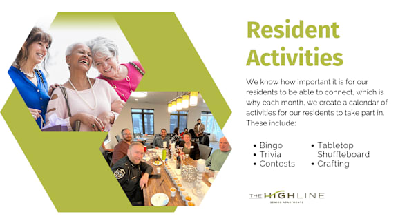 A poster advertising activities for residents at The Highline Senior Living.