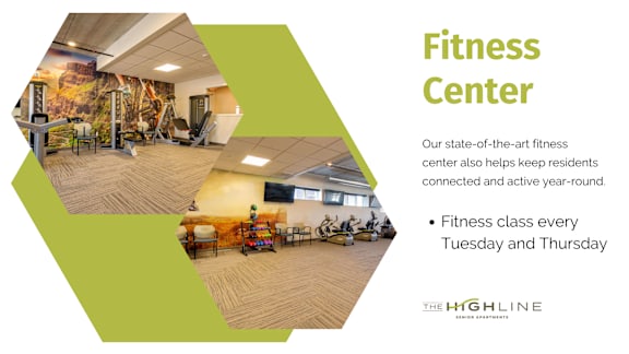 A fitness center with a green and white color scheme and a sign that reads "The Highline Senior Living".