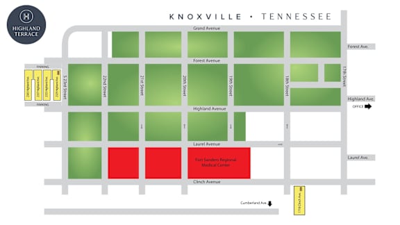A map of Knoxville, Tennessee with streets and buildings labeled.