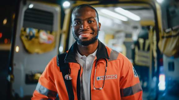 A man in an orange paramedic jacket stands in the back of an ambulance.
