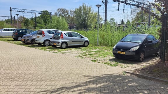 A black car is parked on the right side of a brick road.