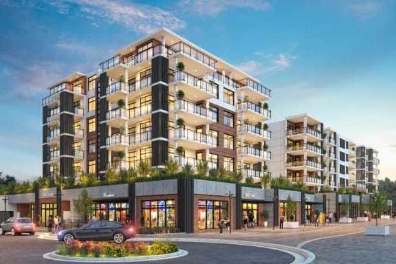 a rendering of an apartment building on a city street