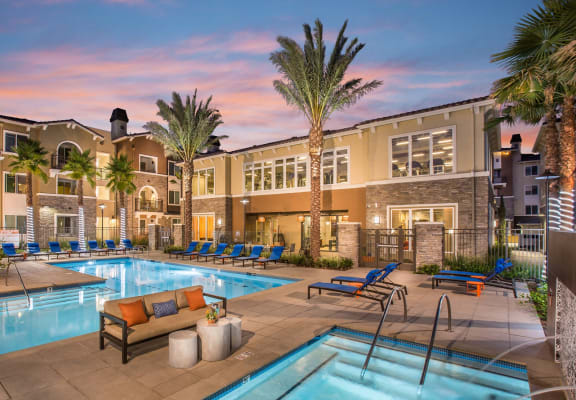 Outdoor Pool Courtyard During Dusk, at Valentia by Windsor, La Habra, CA