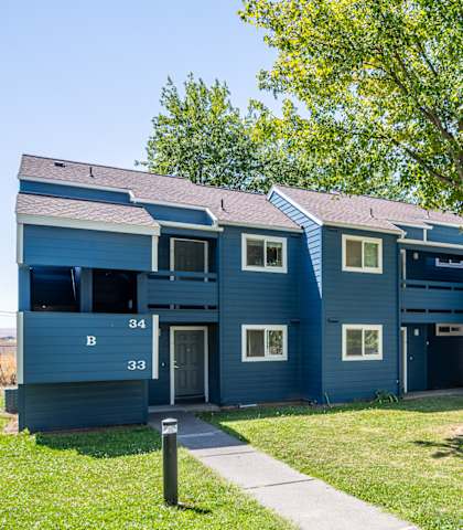 A blue building with the number 34 on it.