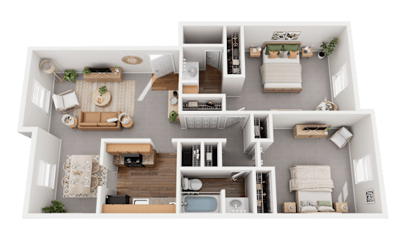 A 3D floor plan of a house showing a kitchen, living room, dining area, and bedrooms.