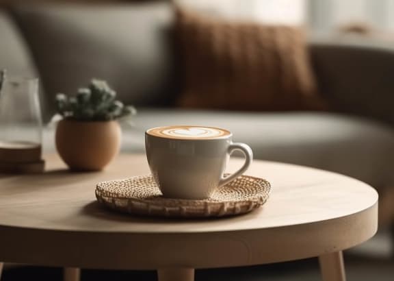 a cup of coffee sitting on a table