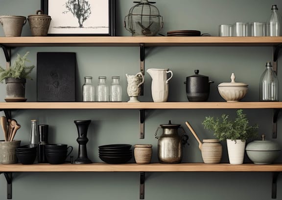 a collection of pots and vases on a shelf