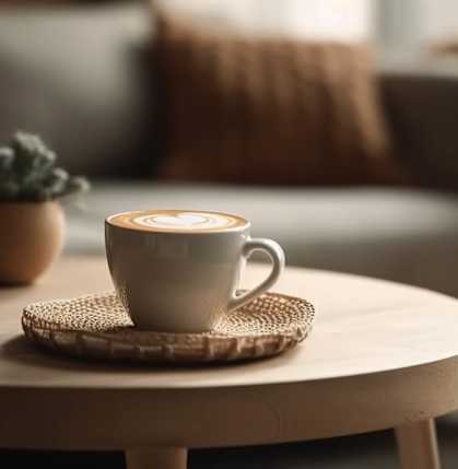 a cup of coffee sitting on a table