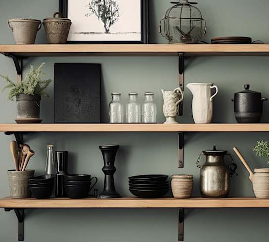 a collection of pots and vases on a shelf at Emery Village, North Carolina, 28027