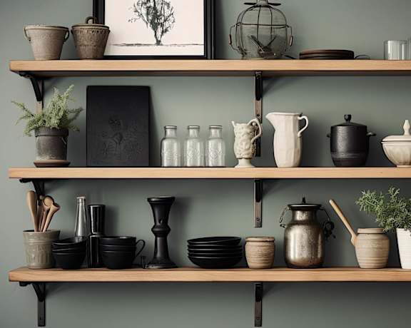 a collection of pots and vases on a shelf