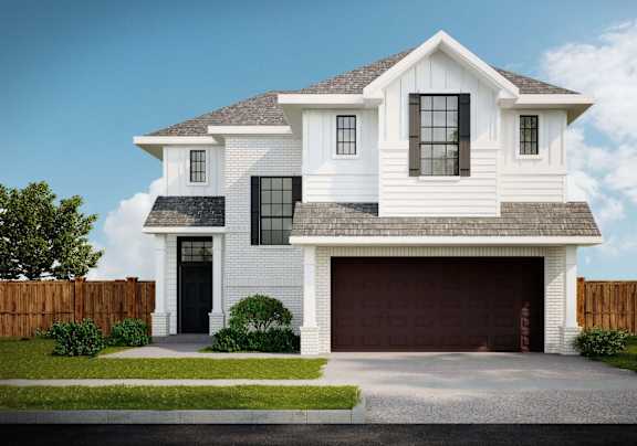 A white two-story house with a garage at Walker Place Apartments, Texas, 76643