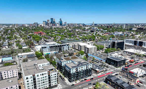 A cityscape with buildings and roads.