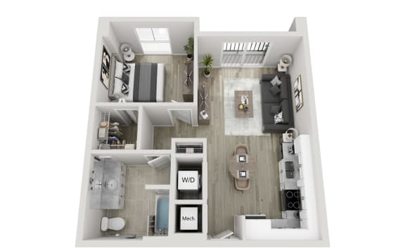 a stylized floor plan with a bedroom and a living room