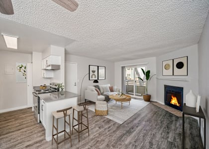 a living room with a fireplace and a kitchen with a table and chairs