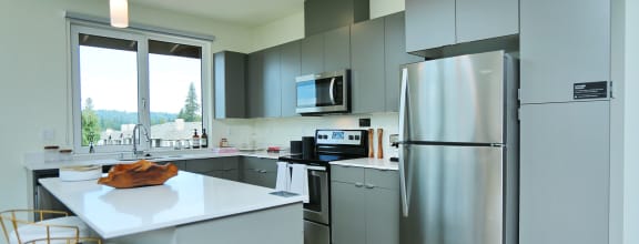 a modern kitchen with stainless steel appliances and gray cabinets