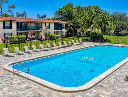 A swimming pool surrounded by lounge chairs and trees at The Legacy Apartments in Seminole Heights, FL