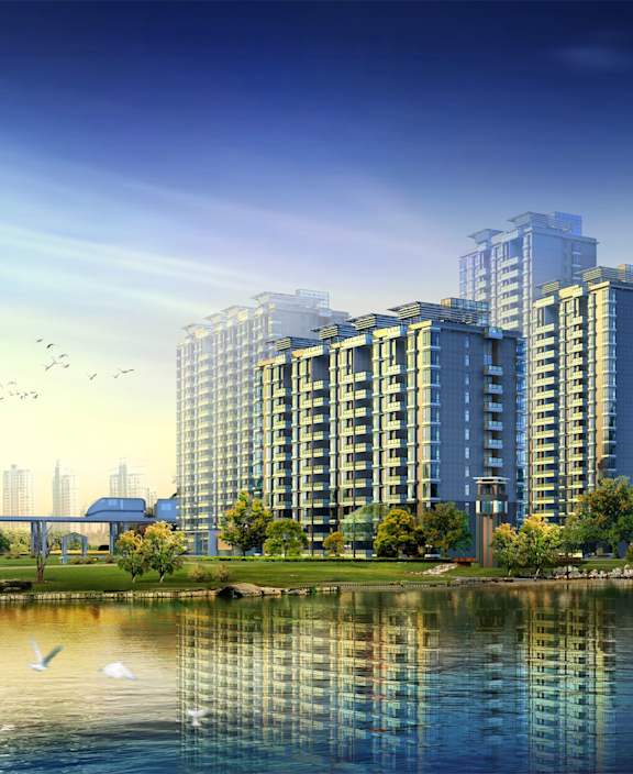 A serene waterfront scene with modern buildings, boats, and birds.