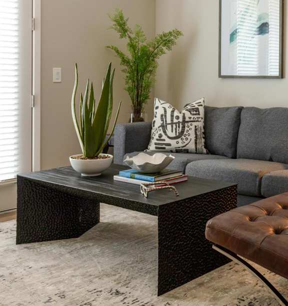 a living room with a couch and a coffee table at Esplanade District Apartments, Little Rock