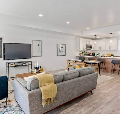a living room with a couch and a tv
