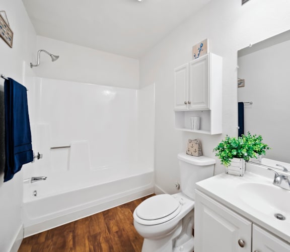 A white bathroom with a toilet, sink, and shower.