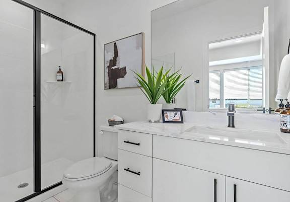 a white bathroom with a shower and a sink and a toilet