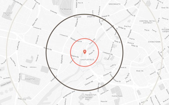 A map of a city with streets and locations labeled.