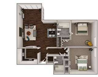 A floor plan of a small apartment with a kitchen, living room, and bedroom.