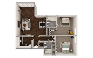 A floor plan of a small apartment with a kitchen, living room, and bedroom.
