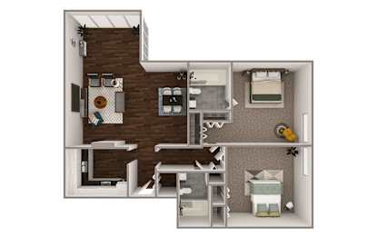 A floor plan of a small apartment with a kitchen, living room, and bedroom.