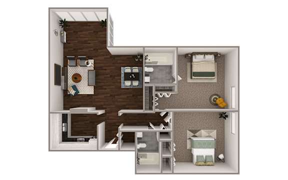 A floor plan of a small apartment with a kitchen, living room, and bedroom.