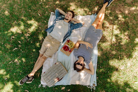 Two people are lying on a blanket in the grass.