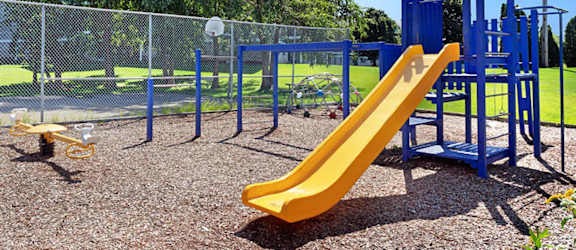 A playground with a yellow slide and a blue structure.