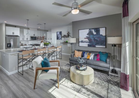 Alton Southern Highlands Apartments in Las Vegas, Nevada Model Living Room and Kitchen with Large Island