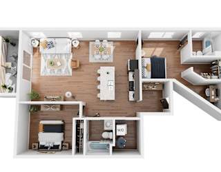 A 3D floor plan of a small apartment with a kitchen, living room, and bedroom.