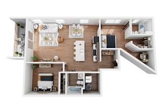A 3D floor plan of a small apartment with a kitchen, living room, and bedroom.