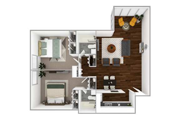 A floor plan of a small apartment with a kitchen, living room, and bathroom.