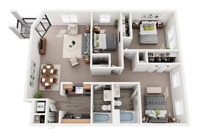 A 3D floor plan of a house with a kitchen, living room, dining room, and bedrooms.