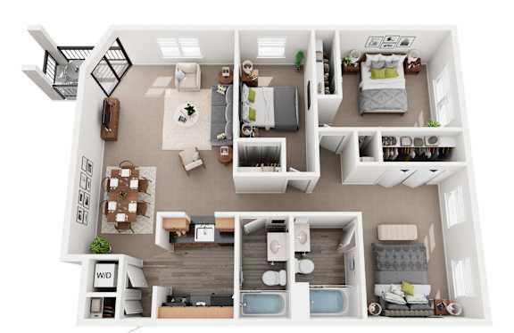 A 3D floor plan of a house with a kitchen, living room, dining room, and bedrooms.
