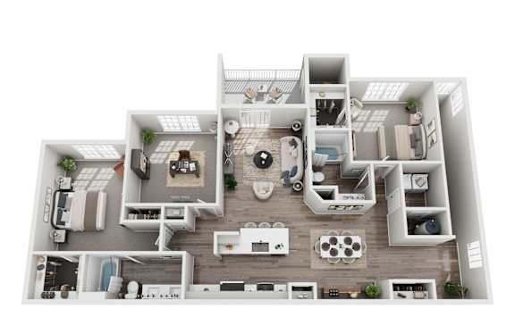 A 3D floor plan of a house with a kitchen, living room, and bathrooms.