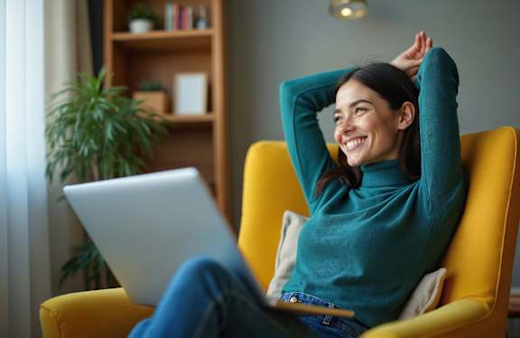 A woman is sitting in a yellow chair with her laptop on her lap.
