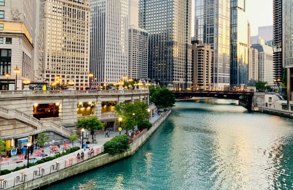 a view of the chicago river from a bridge at 1033 W Loyola, Chicago, Illinois
