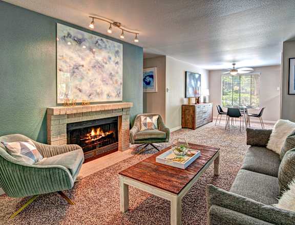 Brackett Apartments Model Living Room with Fireplace
