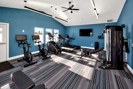 A set of exercise equipment including a stationary bike, a rowing machine, and a bench press.