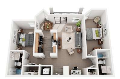 A floor plan of a small apartment with a kitchen, living room, and bedrooms.