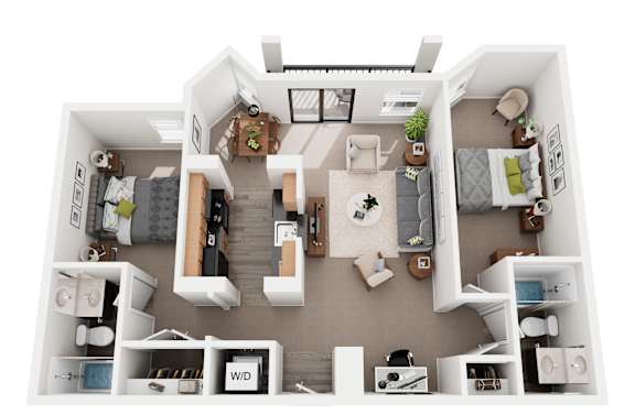 A floor plan of a small apartment with a kitchen, living room, and bedrooms.